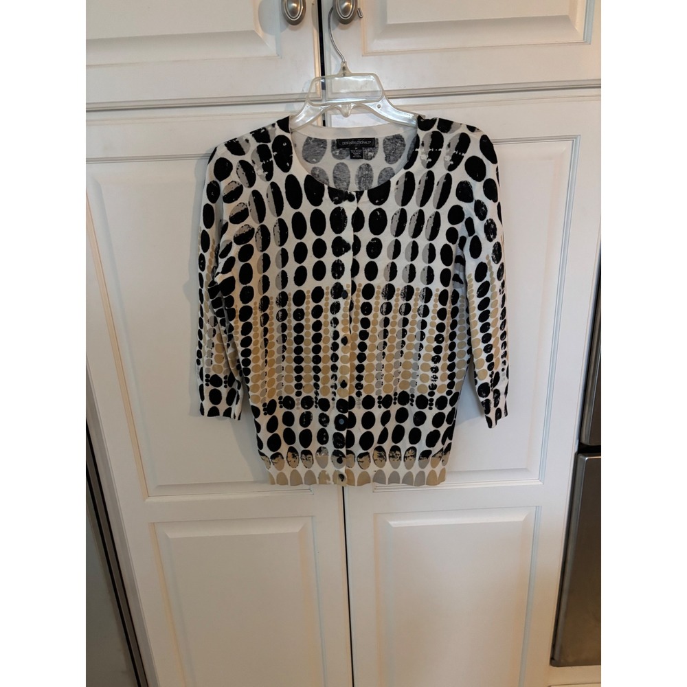 Designers Originals Womens Black White Tan Polka Dot Cardigan Sweater Size M